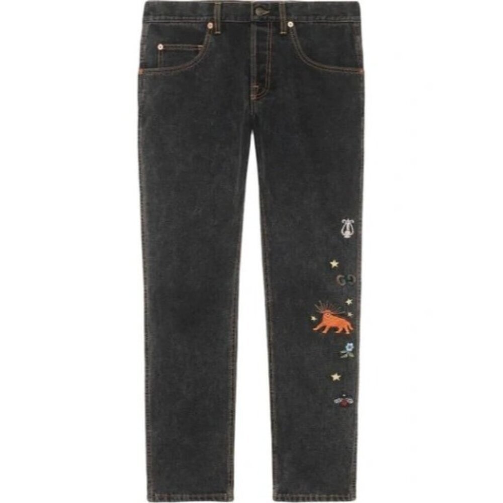 NWT Gucci Men Embroidered Motif Slim-fit Jeans In Black Size 30
